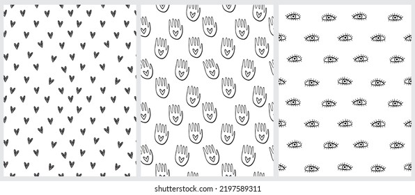 Boho Seamless Vector Patterns. Tiny Hearts, Black Sketched Eyes and Hands with Hearts isolated on a White Background. Girly Party Design ideal for Fabric, Textile, Wrapping Paper.