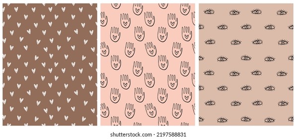 Boho Seamless Vector Patterns. White Tiny Hearts on a Brown Backgound.Black Sketched Eyes and Hands with Hearts isolated on a Beige and Light Brown.Girly Party Design ideal for Fabric, Wrapping Paper.