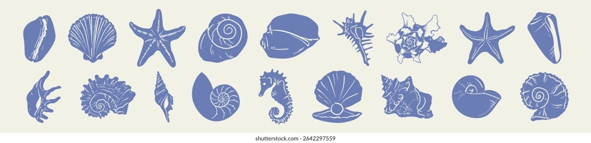 Boho seashell set. Blue hand drawn drawing illustration for logo, print, menu. Summer beach ink shell doodle elements. Vector marine design icons.	