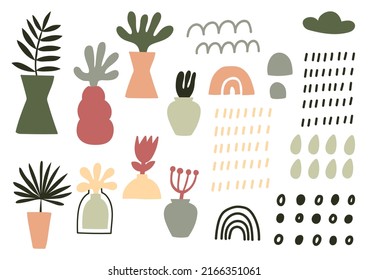 Boho set with abstract simple shapes, tropical leaves and decorative elements. Can be used in textile industry, paper, background, scrapbooking.Vector.