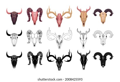 Boho set of animal skulls with geometrical patterns. Outline, flat and simple style