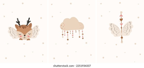 Bonito conjunto de hermosas composiciones con nubes pastel, ciervo lindo, alas. Ilustraciones pastorales para tarjetas, cumpleaños, habitación para niños, carteles, pancartas, etc. Vector.