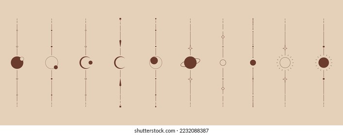 Boho set decorative elements. Moon phases. Sun, sunset, planet, star. 
