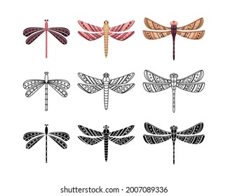 Boho set of dragonflies with geometrical patterns. Outline, flat and simple style.