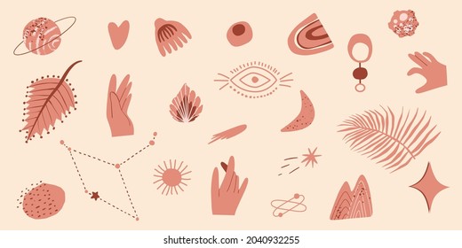 El conjunto de boho dibujó varias formas y objetos de doodle. Resumen ilustrativo moderno de arte moderno de mediados del siglo XX. Plantilla abstracta minimalista para impresión, afiche, invitación en estilo bohemio
