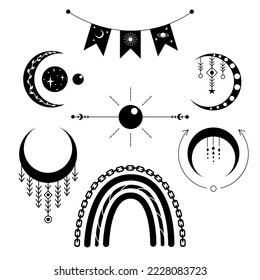 Boho set of moon, isolated, monochrome, black and white
