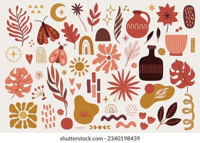 Conjunto Boho - luna, sol, polillas, jarrón, hoja de monastera, forma abstracta, líneas de olas, arco iris, estrellas, corazones sobre fondo blanco. Perfecto para tarjetas de felicitación de temporada, decoraciones. Ilustración del vector