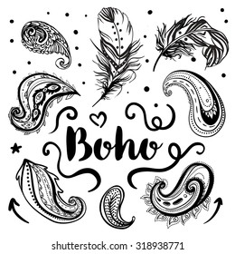 Boho: Set of Ornamental Boho Style Elements. Vector illustration. Tattoo template. Trendy hand drawn tribal symbol collection. Hippie design elements.