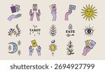 Boho set of tarot and plants, witch hands, fortune teller elements, astrology theme, hand drawn. Vector illustration.