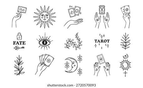 Conjunto boho de tarot y plantas, manos de bruja, Elementos de adivinador, tema de astrología, dibujado a mano, línea de arte monocromo, contorno de contorno. Ilustración vectorial.