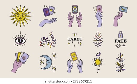 Boho set of tarot and plants, witch hands, fortune teller elements, astrology theme, hand drawn. Vector illustration.