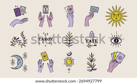 Boho set of tarot and plants, witch hands, fortune teller elements, astrology theme, hand drawn. Vector illustration.