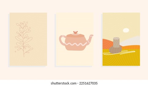 boho set with teapot, landscape, floral 
