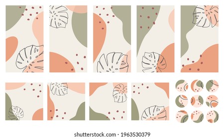 Boho set with template for social media posts, story and photos. Abstract Monstera leaves and spots in Mid Century style in square, round shapes on a beige background. Hand drawn Vector illustration.