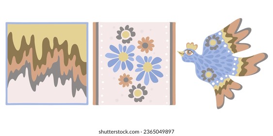 Boho set. Two trendy ornaments and folk bird. Vector collection of isolated elements.