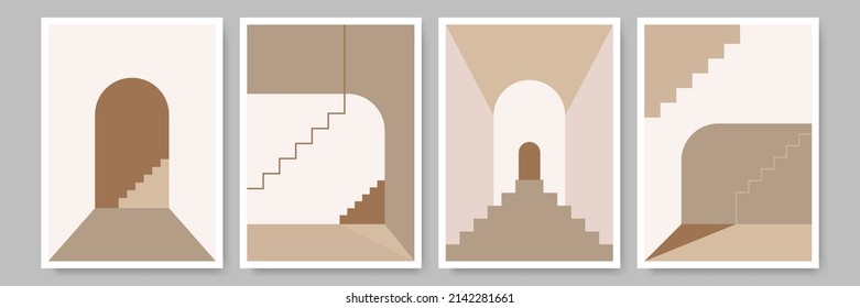 Boho set vector abstract backgrounds, geometric shapes, organic shapes. Aesthetic boho wall decor concept. Mid century modern minimalist art print, wallpaper, templates