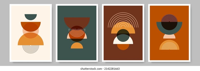 Boho set vector abstract backgrounds, geometric shapes, organic shapes. Aesthetic boho wall decor concept. Mid century modern minimalist art print, wallpaper, templates