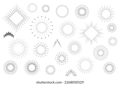 Boho set vector illustration sunburst. Vintage hand drawn sunburst rays. Design elements, explosion, fireworks template.