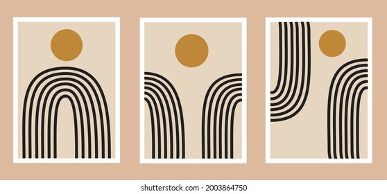 Boho set of vector illustrations. Abstract art in the style of mid century modern.Abstract Painting, Geometry, Wall Art Prints, Posters, Bosho, Canvas, Mid-century Poster, Modern Wall Art, Sun, Liner