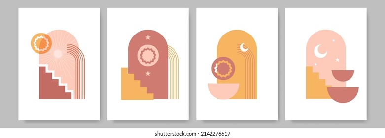 Boho set Wall art vector, Abstract Boho wall art, Minimalist design poster, postcard