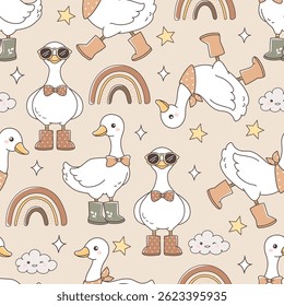 Boho Silly Goose Seamless Pattern Isolated on Natural Color Background Vector