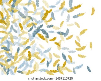 Boho silver gold feathers vector background. Falling feather elements soft vector design. Lightweigt plumelet windy floating pattern. Bird wing plumage boho line art.