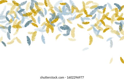 Boho silver gold feathers vector background. Quill plumelet silhouettes illustration. Angel wing plumage concept. Falling feather elements soft vector design.