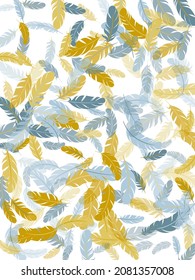 El oro plateado boho pluma el fondo vectorial. Decoración de moda y moda en Plumage. Patrón flotante ligero de plumelet con viento. Diseño vectorial suave de elementos de plumas que caen.