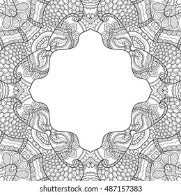 Boho sketch frame pattern for coloring book, banners, cards, seamless texture. Ethnic, floral, retro tribal design element. Black and white background. Henna paisley mehndi tattoo, zen-doodle ornament