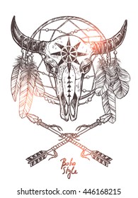 Boho Sketch Illustration With Hand Drawn Bull Skull With Indian Arrows, Feathers And Dreamcatcher. Monochrome Hipster Fashion Print