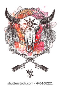 Boho Sketch Illustration With Hand Drawn Bull Skull With Indian Arrows, Feathers And Dreamcatcher. Hipster Fashion Print With Grunge Blots And Splash