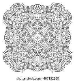 Boho sketch pattern for coloring book page, banners, cards. Ethnic, floral, retro, tribal design element. Black and white background. Henna paisley mehndi tattoo design. Zen-doodle ornament