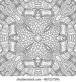 Boho sketch pattern for coloring book page, banners, cards, seamless texture. Ethnic, floral, retro, tribal design element. Black and white background. Henna paisley mehndi tattoo. Zen-doodle ornament
