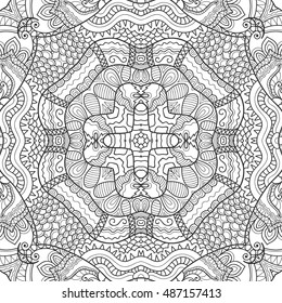Boho sketch pattern for coloring book page, banners, cards, seamless texture. Ethnic, floral, retro, tribal design element. Black and white background. Henna paisley mehndi tattoo. Zen-doodle ornament