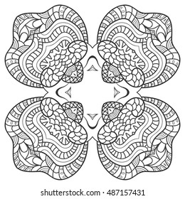 Boho sketch pattern for coloring book page, banners, cards. Ethnic, floral, retro, tribal design element. Black and white background. Henna paisley mehndi tattoo design. Zen-doodle ornament