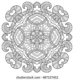 Boho sketch pattern for coloring book page, banners, cards. Ethnic, floral, retro, tribal design element. Black and white background. Henna paisley mehndi tattoo design. Zen-doodle ornament