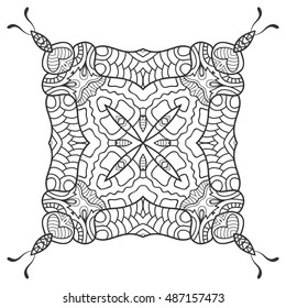 Boho sketch pattern for coloring book page, banners, cards. Ethnic, floral, retro, tribal design element. Black and white background. Henna paisley mehndi tattoo design. Zen-doodle ornament