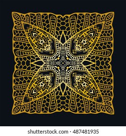 Boho sketch pattern, gold and black background. Ethnic, floral, retro, tribal design element. Hand drawm ornament