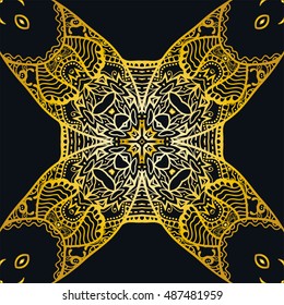 Boho sketch pattern, gold and black background. Ethnic, floral, retro, tribal design element. Hand drawm ornament