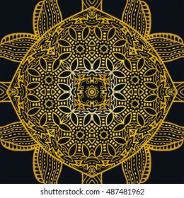 Boho sketch pattern, gold and black background. Ethnic, floral, retro, tribal design element. Hand drawm ornament