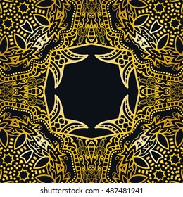 Boho sketch seamless frame pattern, gold and black background. Ethnic, floral, retro, tribal design element. Hand drawm ornament