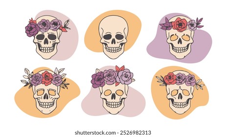 Boho skull collection with floral crowns. For web design, Day of the Dead and Halloween themes