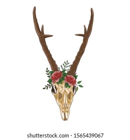 Boho Skull Illustration. Deer skull in boho style decorated with floral elements, vector illustration.