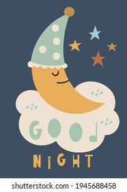 Boho sleeping moon - poster for nursery design. Vector Illustration. Kids illustration for baby clothes, greeting card, wrapping paper. Lettering Good night.