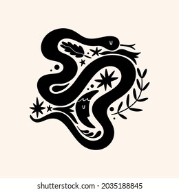 Boho snake art print, minimalist contour design.