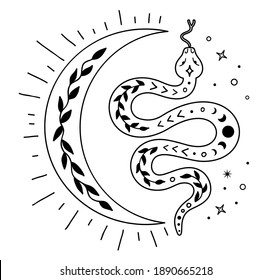 Boho snake with moon and branches in outline style. Mystic serpent line art. Minimalistic symbol of esoteric and alchemy. Vector magic concept. Linear illustration.