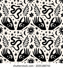 Boho snakes seamless pattern design, art print. Black minimalist graphic contour.