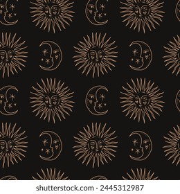 Boho snakes vector line art whimsical mystical space golden serpent seamless pattern, minimalist beautiful outline sketchy witchcraft concept
