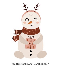 Boho snowman clipart. Cute winter character. Christmas snowman clip art. Hand draw vector illustration in flat style