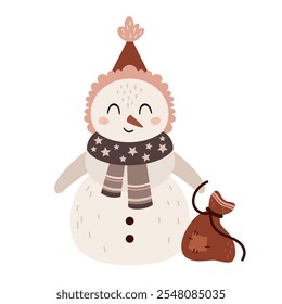 Boho snowman clipart. Cute winter character. Christmas snowman clip art. Hand draw vector illustration in flat style